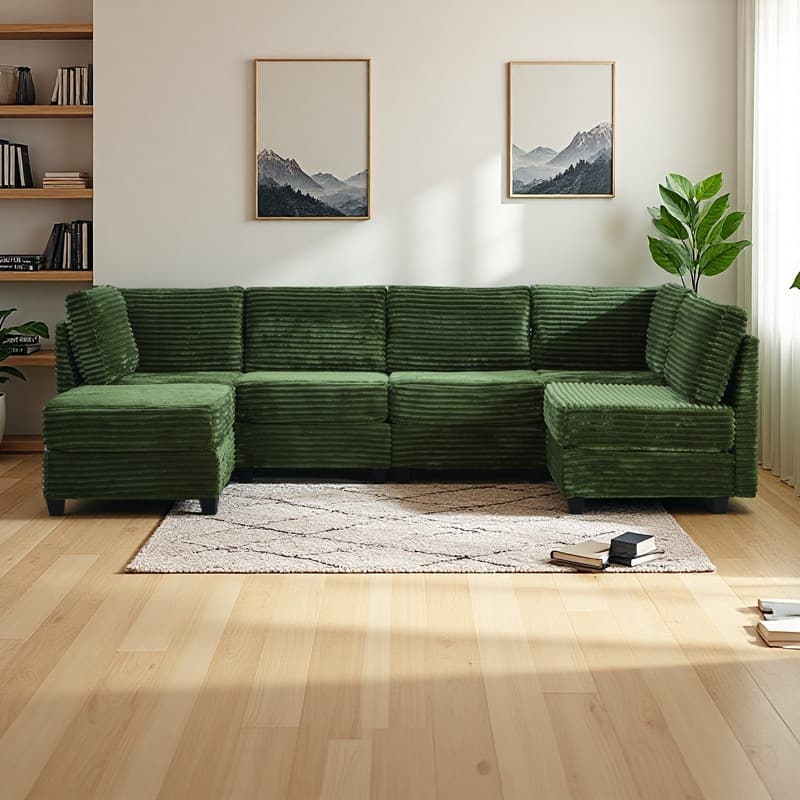 121.6" Corduroy U-Shaped Sectional Sofa with Storage Ottoman and 6-Seat Modular Design