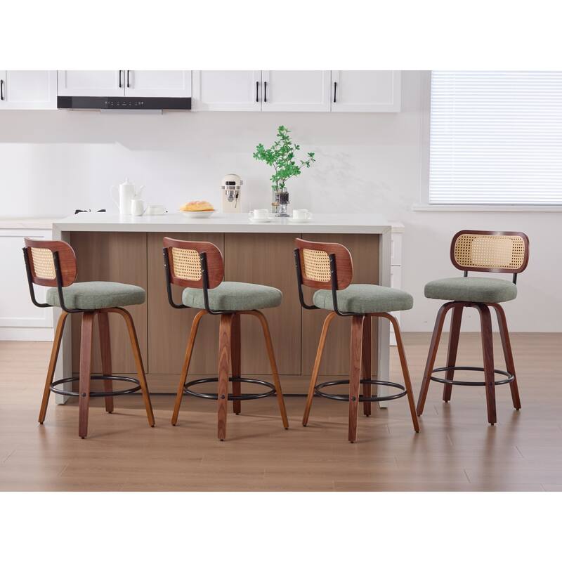 Roomfitters Upholstered Swivel Bar Stools Set of 2 with Rattan Back and Wood Legs, Modern Counter Height Dining Chairs