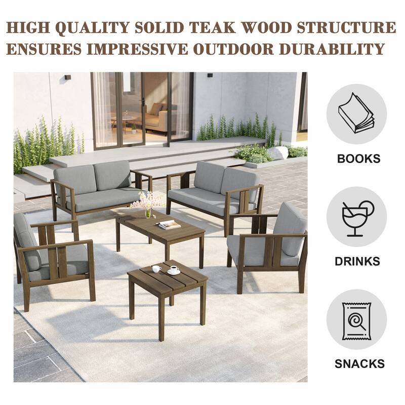 6-Piece Outdoor Furniture Solid Teak Patio Conversation Set with Table