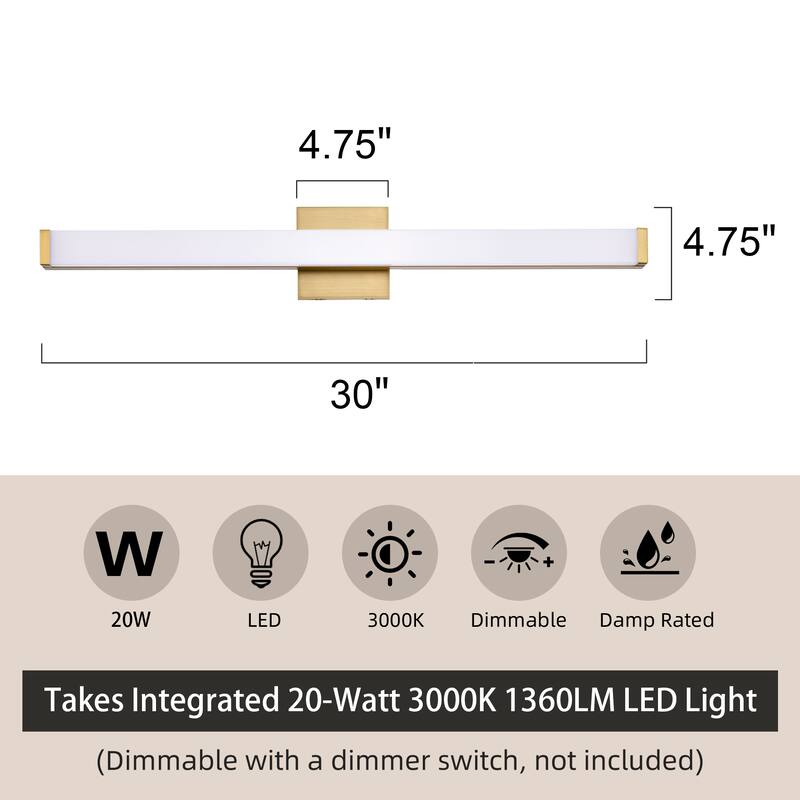Modern Integrated LED Vanity Light Bar - 6 Variants (24in/30in, Matte Black/Brushed Nickel/Gold), 3000K, Damp Rated for Bathroom