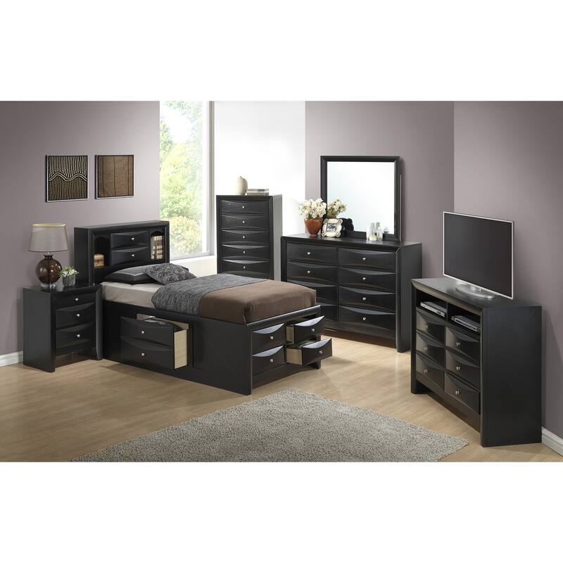 Wooden Panel Twin Bed with Drawers and Shelves - 87" - Black