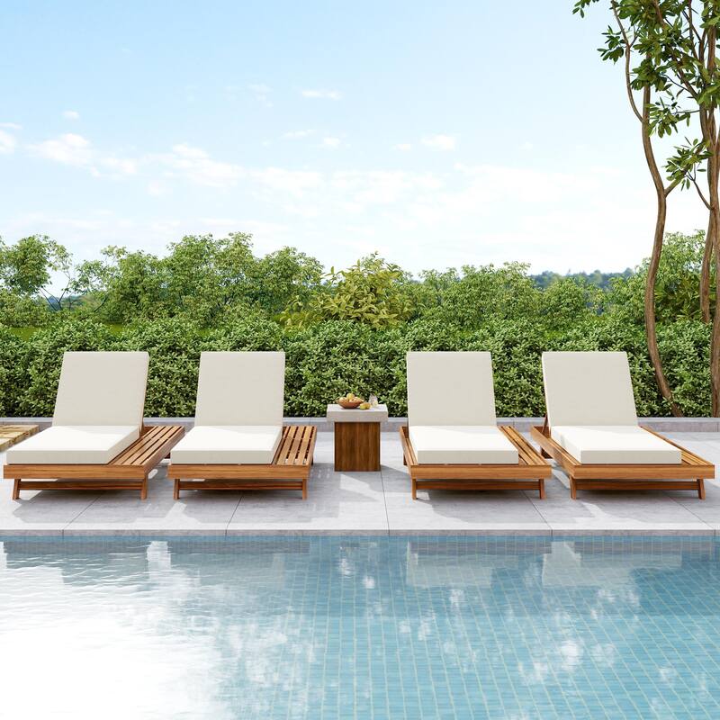 Christopher Knight Home- Halk Acacia Wood Outdoor Chaise Lounge Set of 4 - Teak+Cream