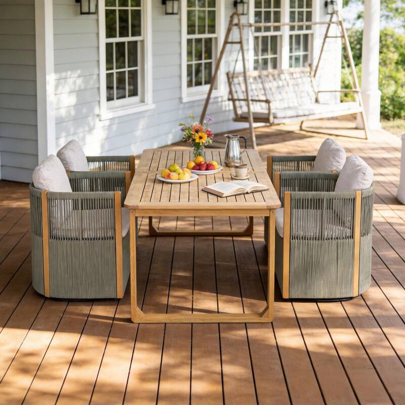 Christopher Knight Home - Ronan Outdoor Acacia Wood Dining Set with Swivel Rope Armchairs & Curved Leg Dining Table, Teak Finish