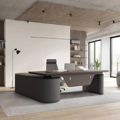 Reversible L-Shaped Adjustable Height Executive Standing Desk with Oval Storage Cabinet