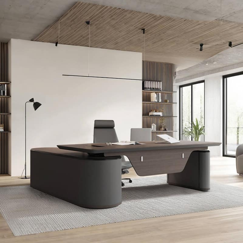 Reversible L-Shaped Adjustable Height Executive Standing Desk with Oval Storage Cabinet