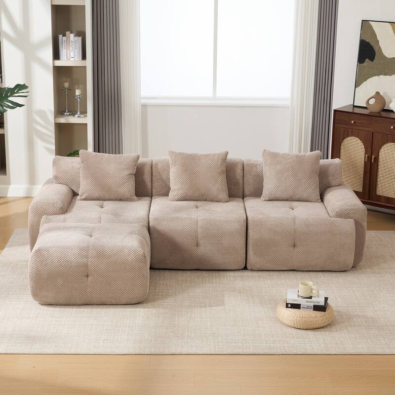 Modular L Shaped Sectional Sofa with Ottoman, Oversized Boneless Cloud Tufted Couch, Upholstered 3-Seater Sofa with 3 Pillows