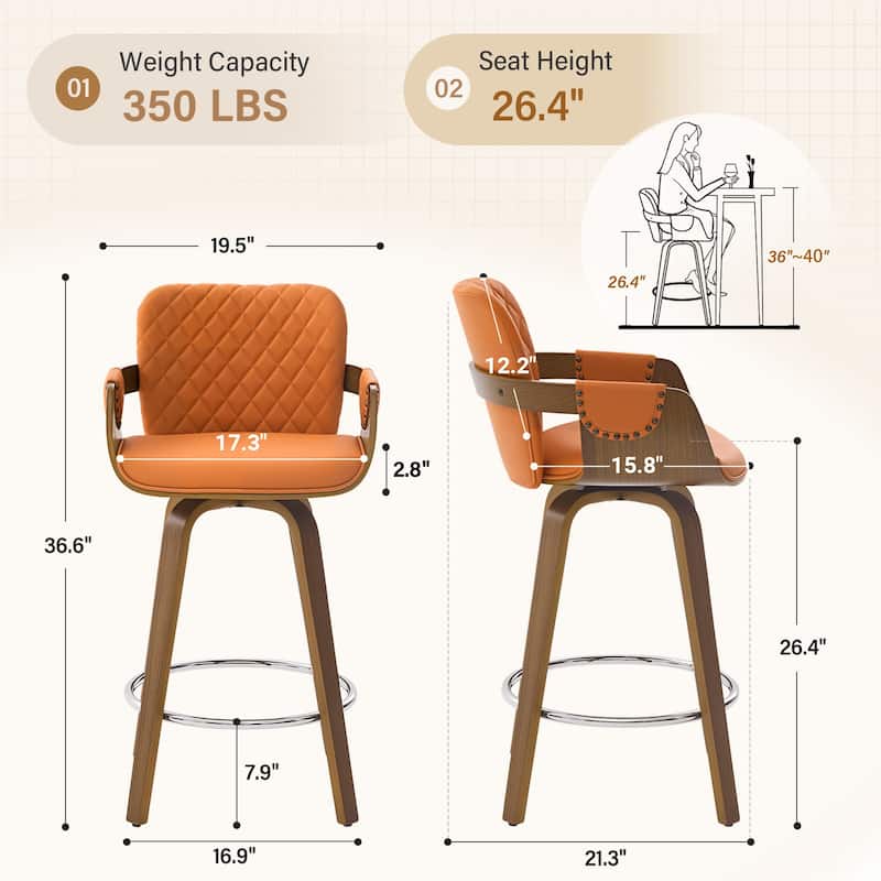 26-Inch Upholstered Swivel Counter Height Bar Stool with Armrests - 36.6"H x19.5"W x 21.3"D