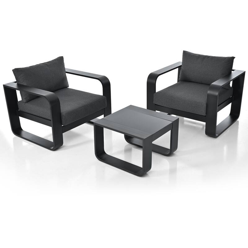 Roomfitters 3-Piece Aluminum Frame Patio Furniture Set with Thick Cushions and Coffee Table, Gray and Black