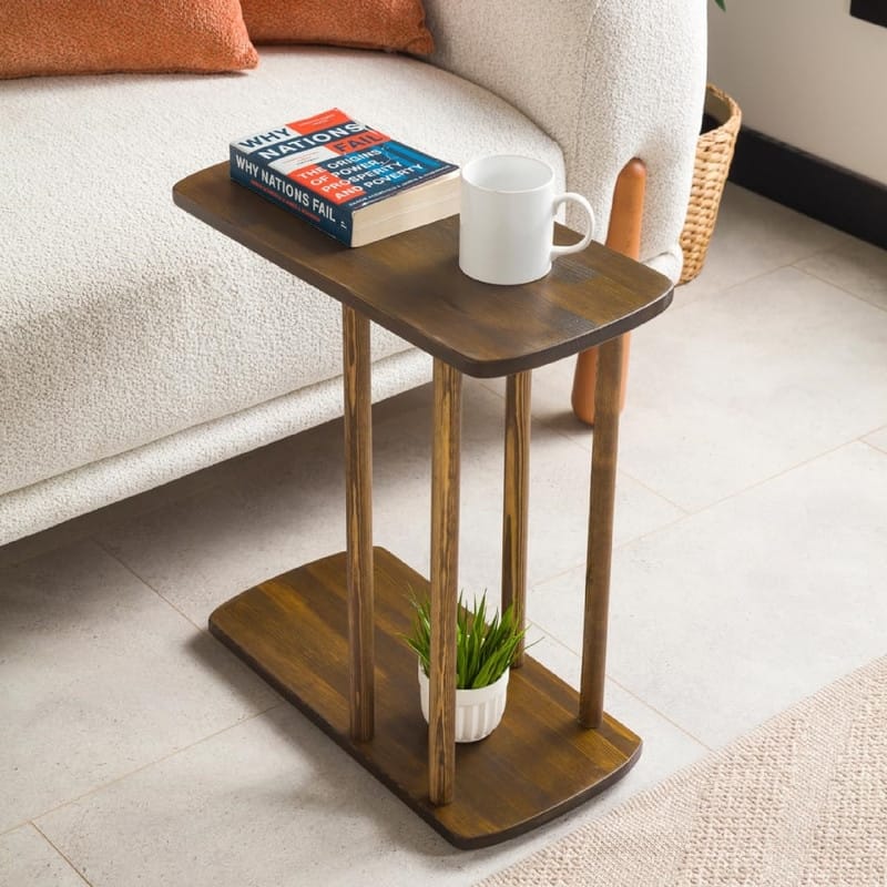 C-Shaped Solid Wood End Table - 19.3"D x 7.5"W x 21.6"H - Dark Walnut