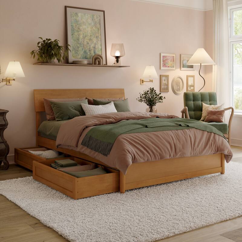 Norla Wood Platform Bed with Storage Drawers - Full - Light Toffee