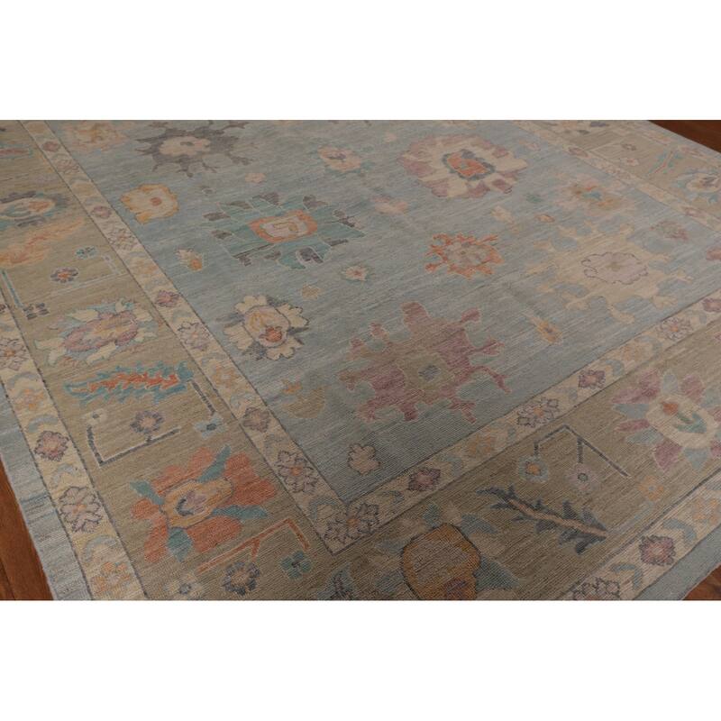 Light Blue Oushak Vegetable Dye Area Rug Hand-Knotted Wool Carpet - 8'11" x 11'8"