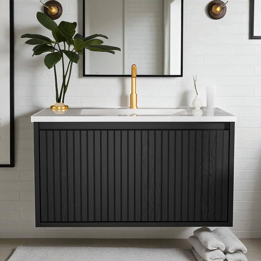 30 Inch Wall Mounted Bathroom Vanity with Ceramic Sink, Floating Cabinet with Drawers, Modern Fluted Design