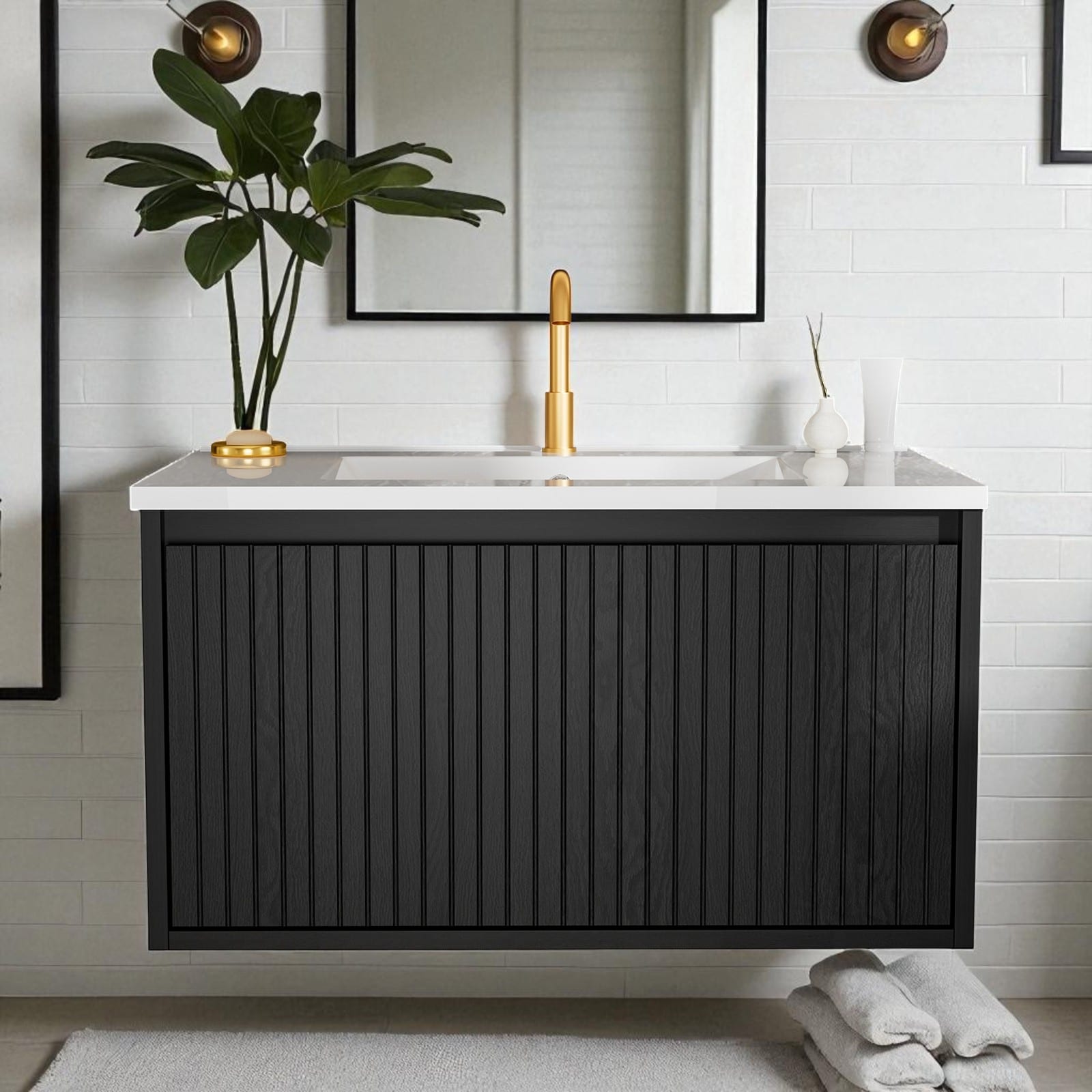 30 Inch Wall Mounted Bathroom Vanity with Ceramic Sink, Floating Cabinet with Drawers, Modern Fluted Design