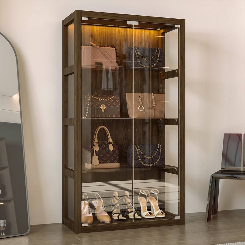 Glass Display Cabinet Storage Cabinet: Push - to - Open Doors, Multi - Shelf Storage for Bags & Shoes - 4-Tier