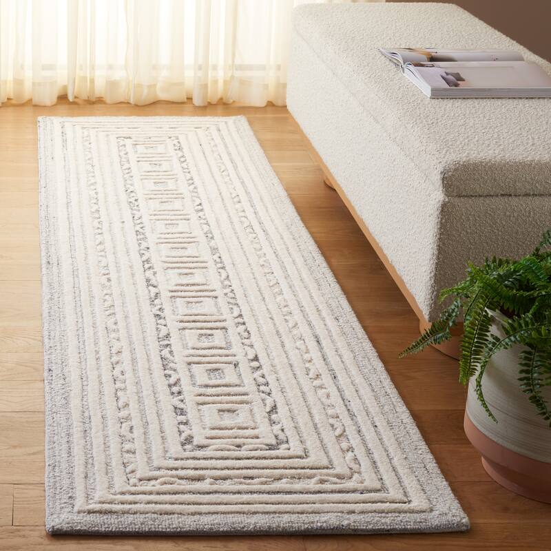 SAFAVIEH Handmade Ebony Zoitchka Modern & Contemporary Wool Rug - 2'3" x 8' Runner - Ivory/Grey