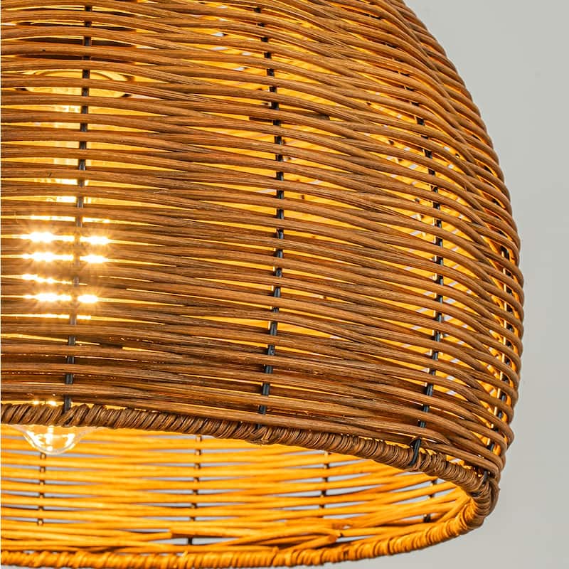 OB-1-Light Handcrafted Natural Rattan Dome Rustic Farmhouse Pendant Light Coastal Beach Rope Woven Hanging Lamp - W12''