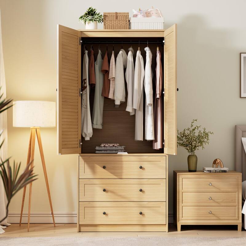 69.5" Wooden Armoire Wardrobe Closet with Louvered Doors, Drawers & Hanging Rod, Natural Finish Storage Cabinet