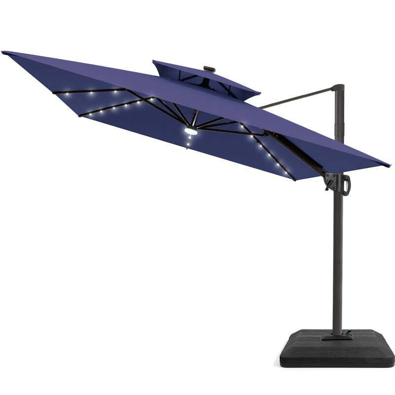 9 X 11 FT Outdoor Patio Cantilever Umbrella with Solar Lights 4-Piece Premium Base Double Canopy 360 Rotation Tilt