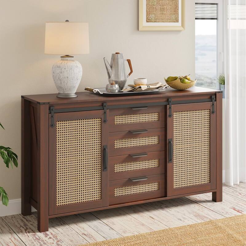 AECOJOY Rattan Sideboard Buffet Cabinet with Storage, Farmhouse Kitchen Cabinet w/Sliding Barn Doors & 4 Drawers - Brown