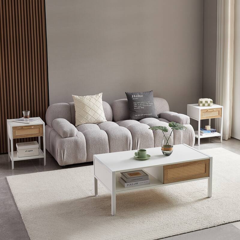 Rattan Coffee Table Modern Living Room Table with Sliding Rattan Door Panel Solid Wood Legs, for Living Room