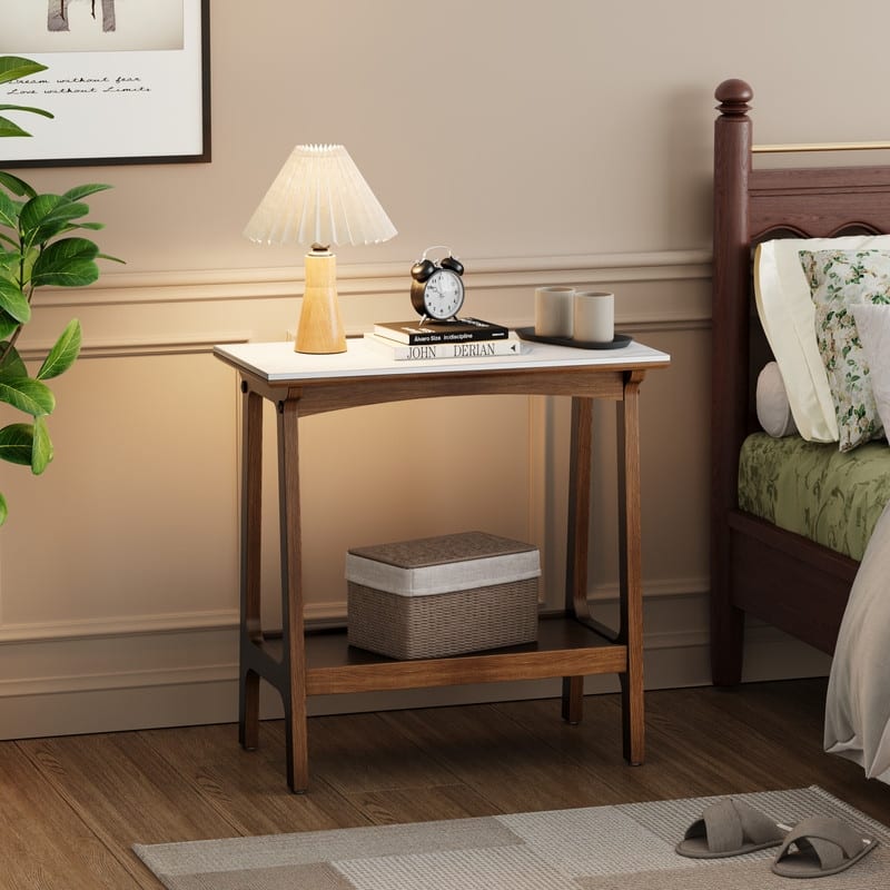 Retro Reddish Brown Slim Side Table with Storage Shelf, Farmhouse Bedside End Table for Small Spaces