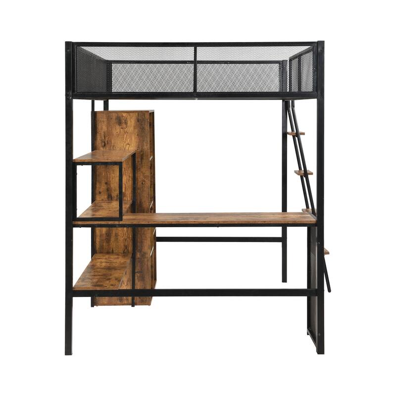 Full Size Metal Loft Bed with Built-In Desk, Wardrobe, Shelves, and Full-Length Guardrails, Black