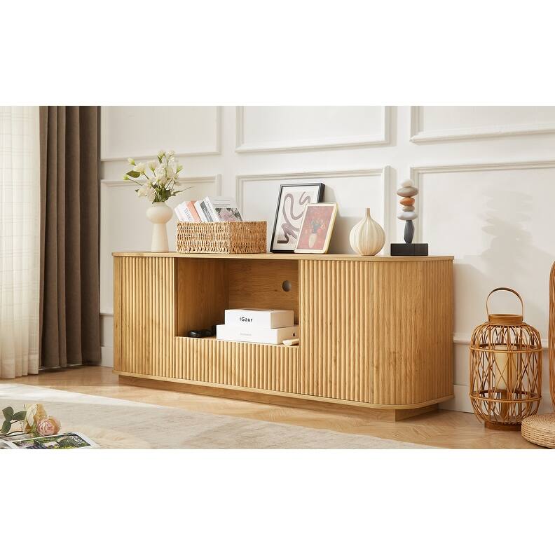 Sideboard Storage Cabinet TV Stand with wave pattern Buffet Cabinet Wooden Vertical Striped Cabinet - Natural with drawers