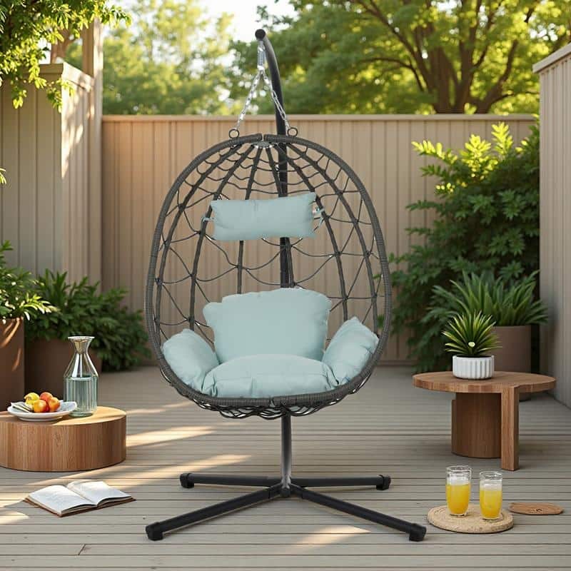 Steel Frame Wicker Egg Chair with Stand and Indoor/Outdoor Hanging Swing Chair