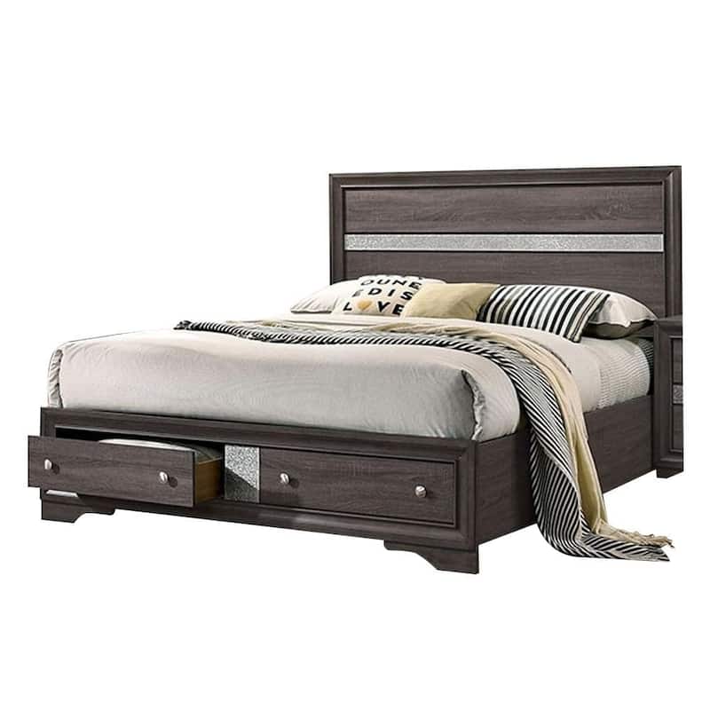 Queen Size Gray Panel Headboard Bed with Drawers, Contemporary Bedroom Furniture