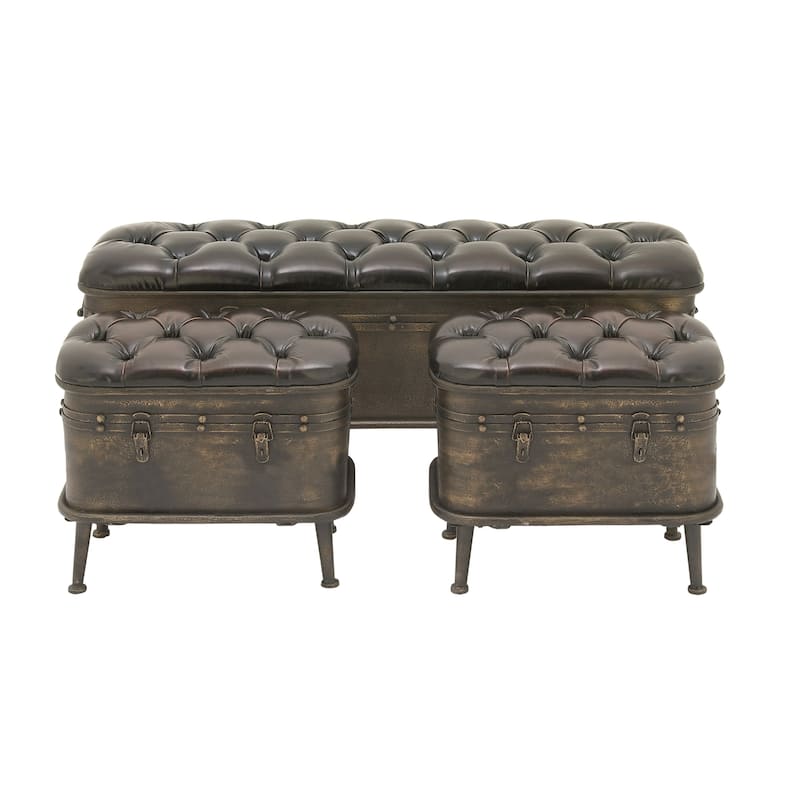 Metal Weathered Storage Bench with Dark Brown Tufted Faux Leather - Set of 3 Bronze - Roche River Decor - 16"W x 48"L x 21"H