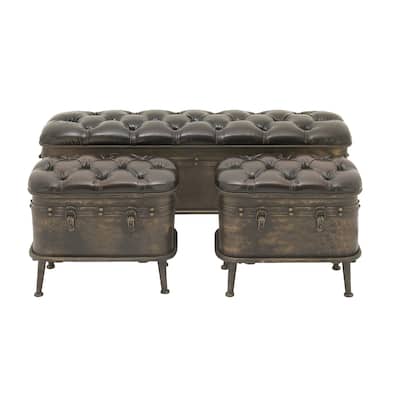Metal Weathered Storage Bench with Dark Brown Tufted Faux Leather - Set of 3 Bronze - Roche River Decor - 16"W x 48"L x 21"H