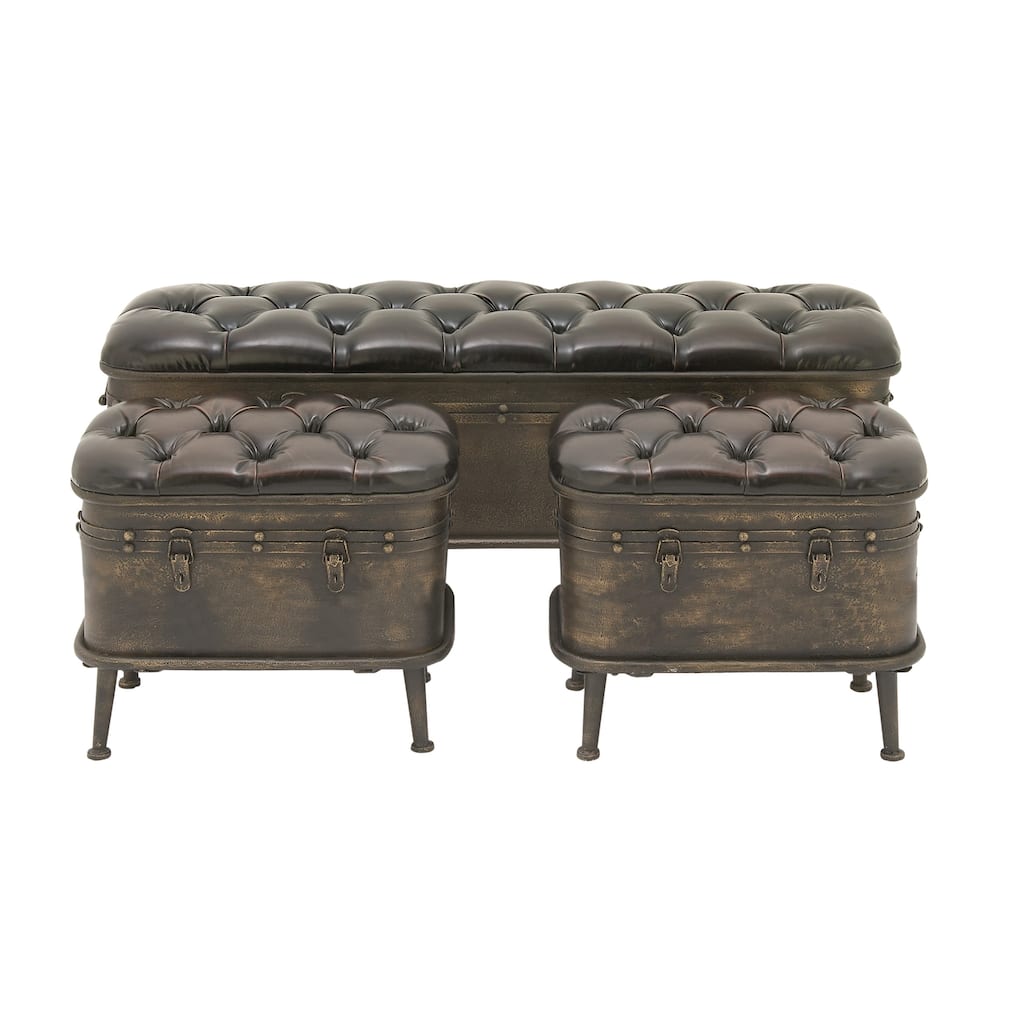 Metal Weathered Storage Bench with Dark Brown Tufted Faux Leather - Set of 3 Bronze - Roche River Decor - 16"W x 48"L x 21"H