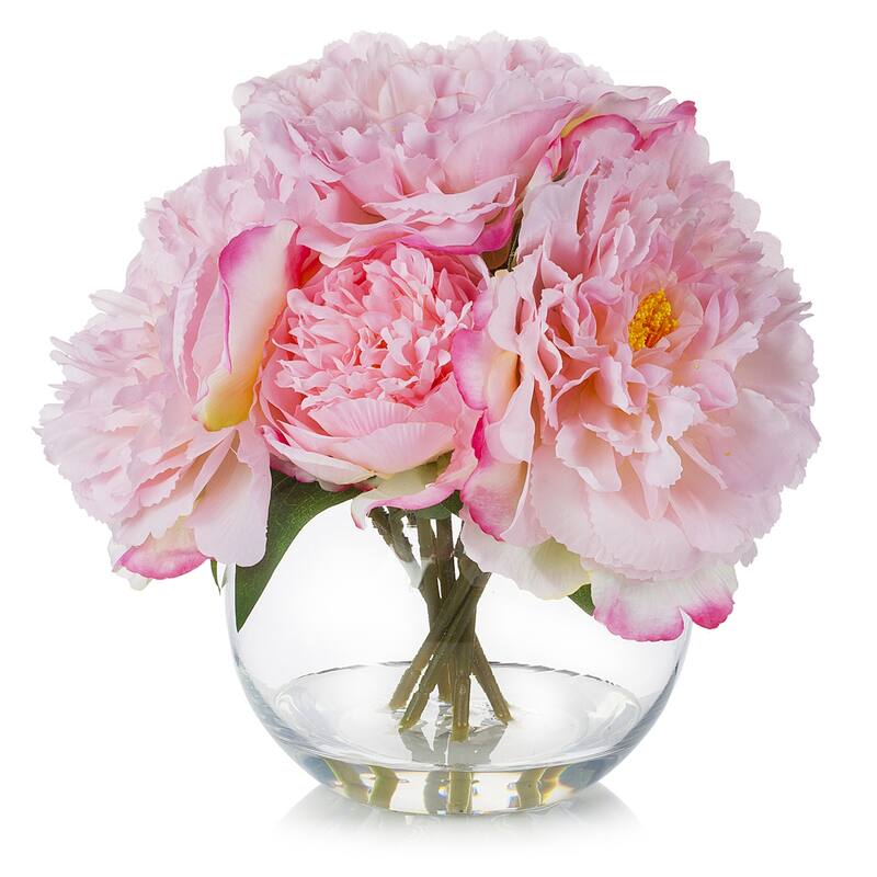 Enova Home Artificial Silk Peony Fake Flowers Arrangement in Round Glass Vase with Faux Water - 10"H x 10"W