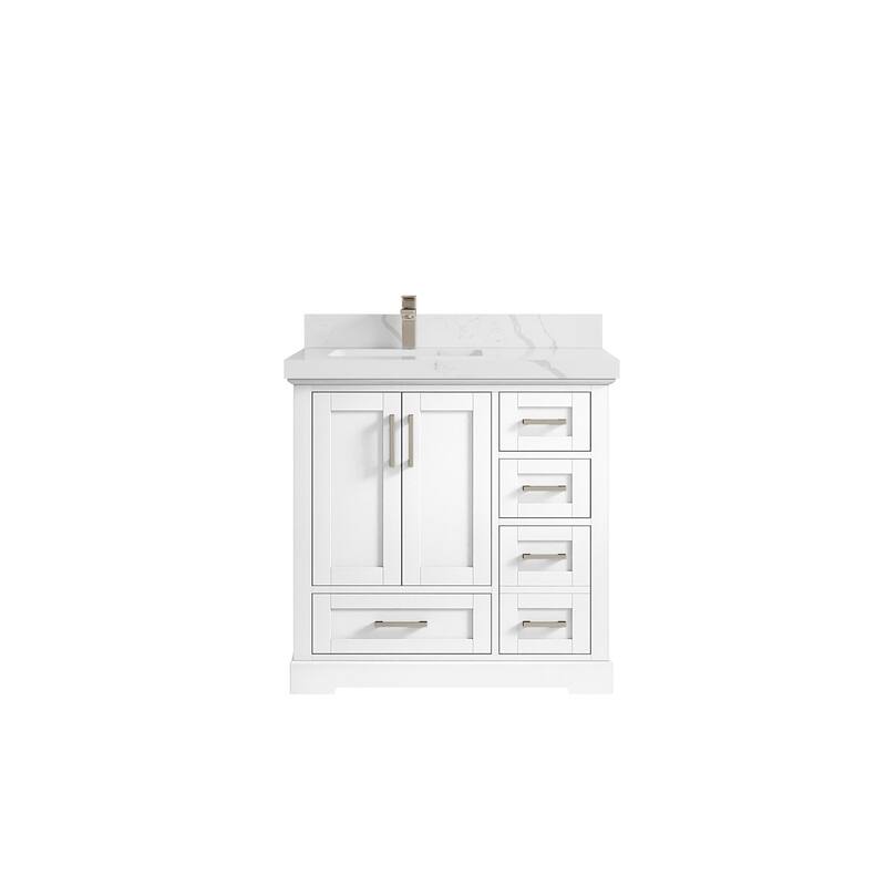 Willow Collections 36 x 22 Boston Left Offset Sink Bathroom Vanity with Quartz or Marble Countertop - 2"Calacatta Laza - White