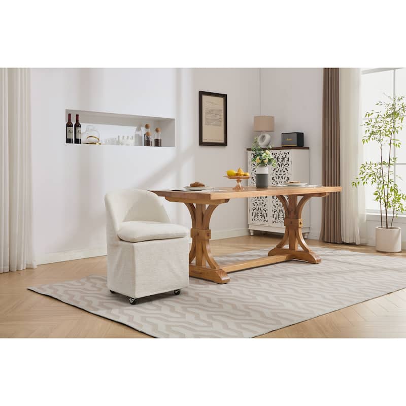 Set of 2 Chenille Fabric Dining Chairs With Universal Wheels,Beige