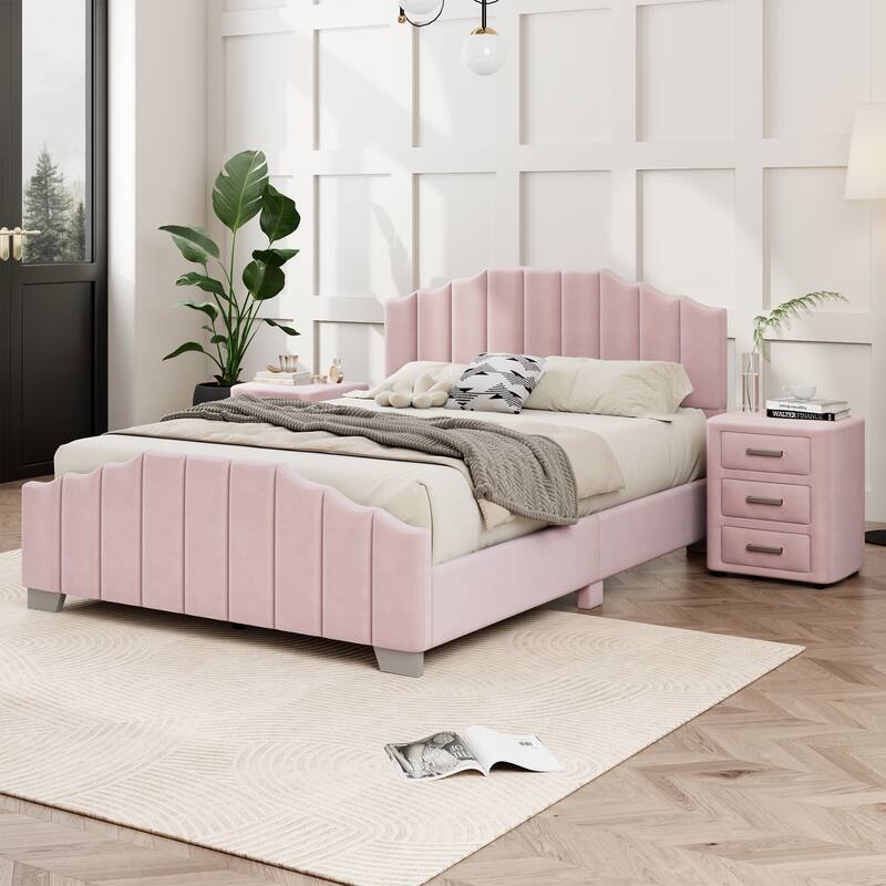 Roomfitters Full/Queen Size Platform Bed, Velvet Upholstered Frame, Tufted Headboard and Footboard, No Box Spring, Beige