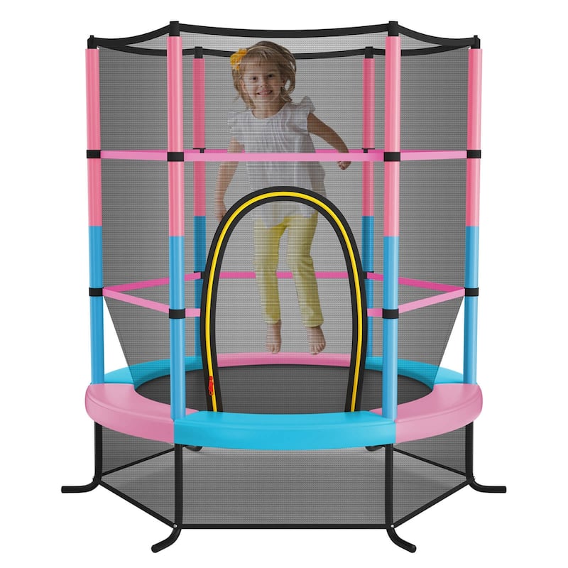 55" Toddler Trampoline Indoor for Kids W/Safety Enclosure Net - Pink+Blue