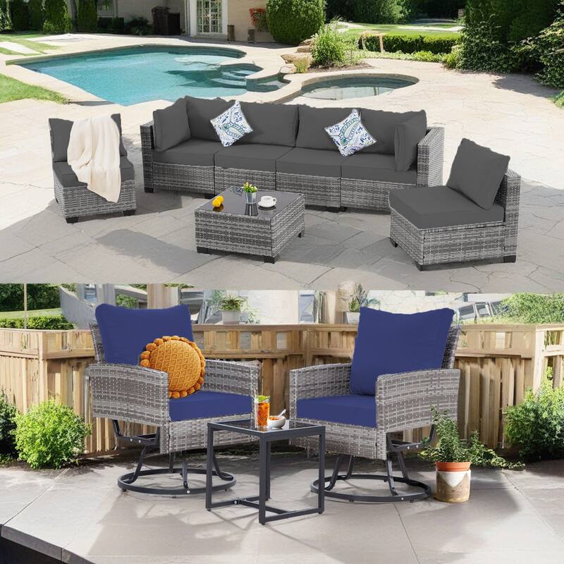10-Piece Gray Wicker Patio Conversation Set,6 Sofas, 2 Swivel Chairs,2 Table