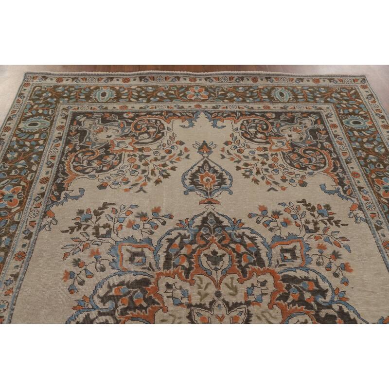 Hand Knotted Oriental 100% Wool Carpet Traditional Floral Beige & Ivories Tabriz Area Rug - 9' 8'' X 6' 5''