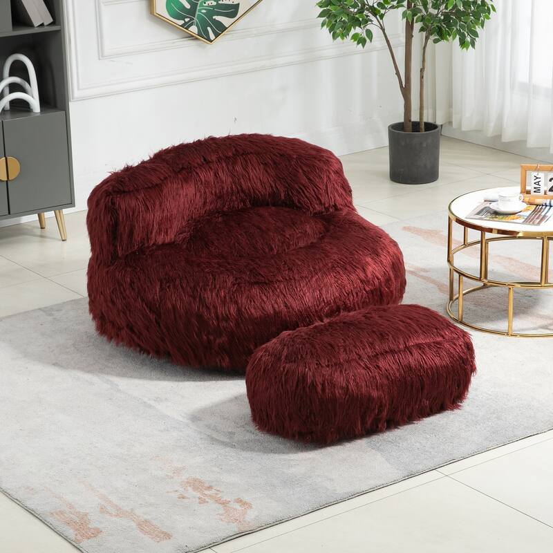 Plush Upholstered Round Comfort Lounger Bean Bag Chair with Ottoman