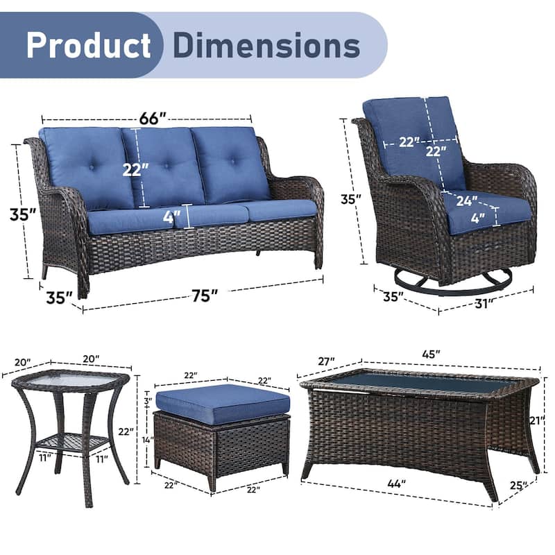 Pocassy Outdoor 7PCS 3-Seat Sofa Swivel Chairs Table Ottoman