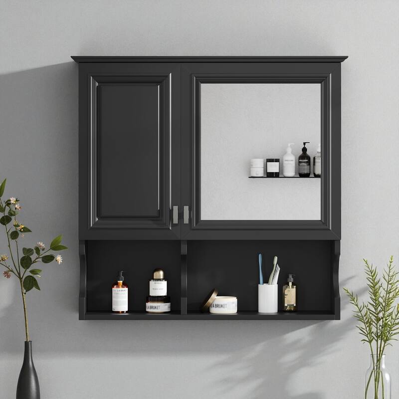 30" Wall Mounted Mirror Medicine Cabinet with Adjustable Shelf, Bathroom Storage Cabinet with Doors and Open Shelves