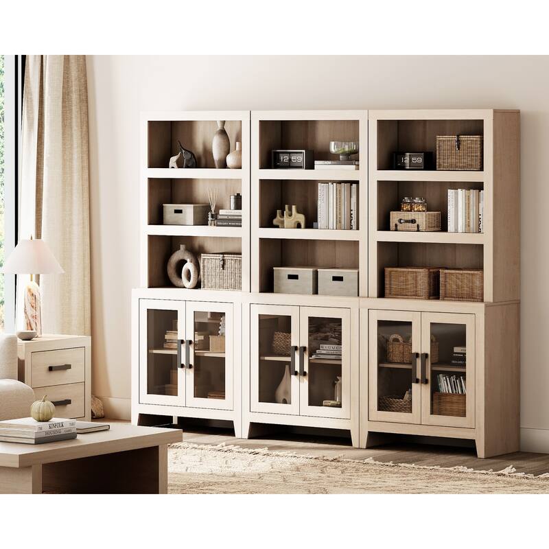WAMPAT 3 Tier Bookshelf with Glass Door, 74" Tall Bookcase with Adjustable Shelf and Storage Cabinet, Farmhouse Wooden Bookshelf