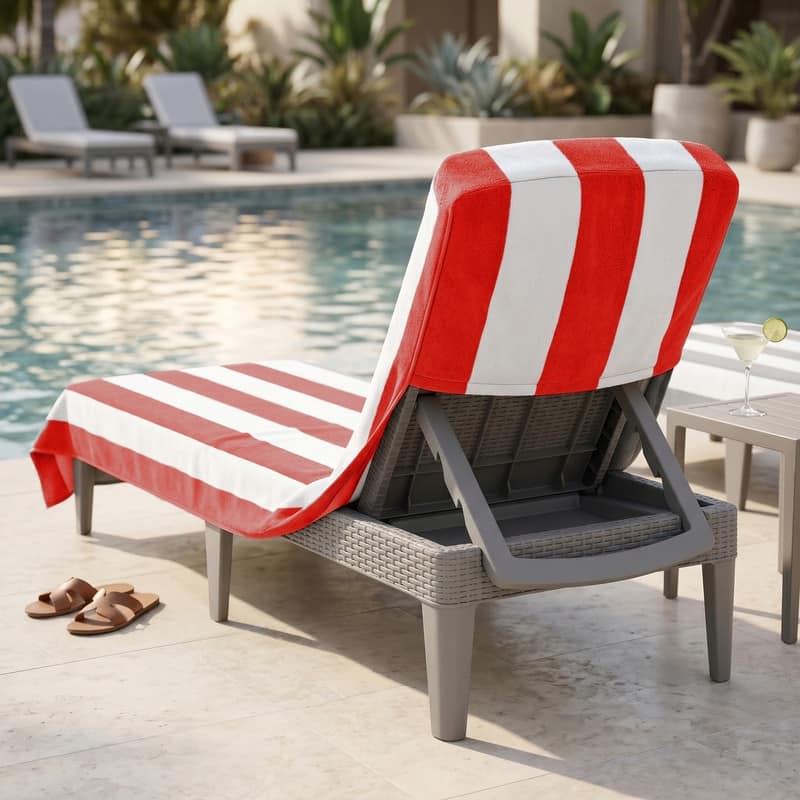 100% Cotton Cabana‑Stripe Lounge Chair Cover Terry Towel with Fitted Pocket & Back Flap