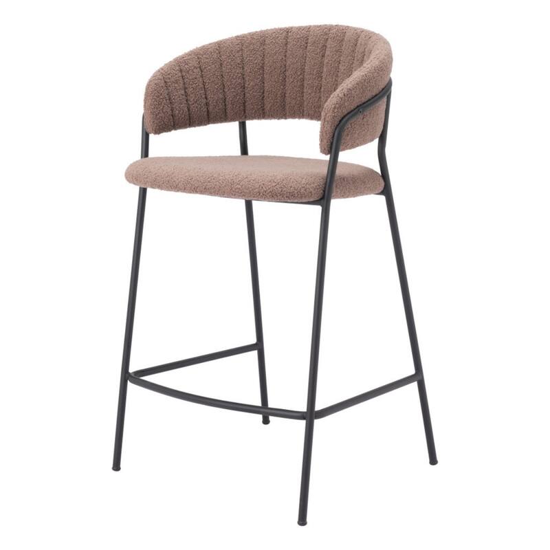 Set of Two 26" Brown and Black Shearling and Steel Low Back Counter Height Bar Chairs - 35.8”H x 20.5”W x 20.9”D