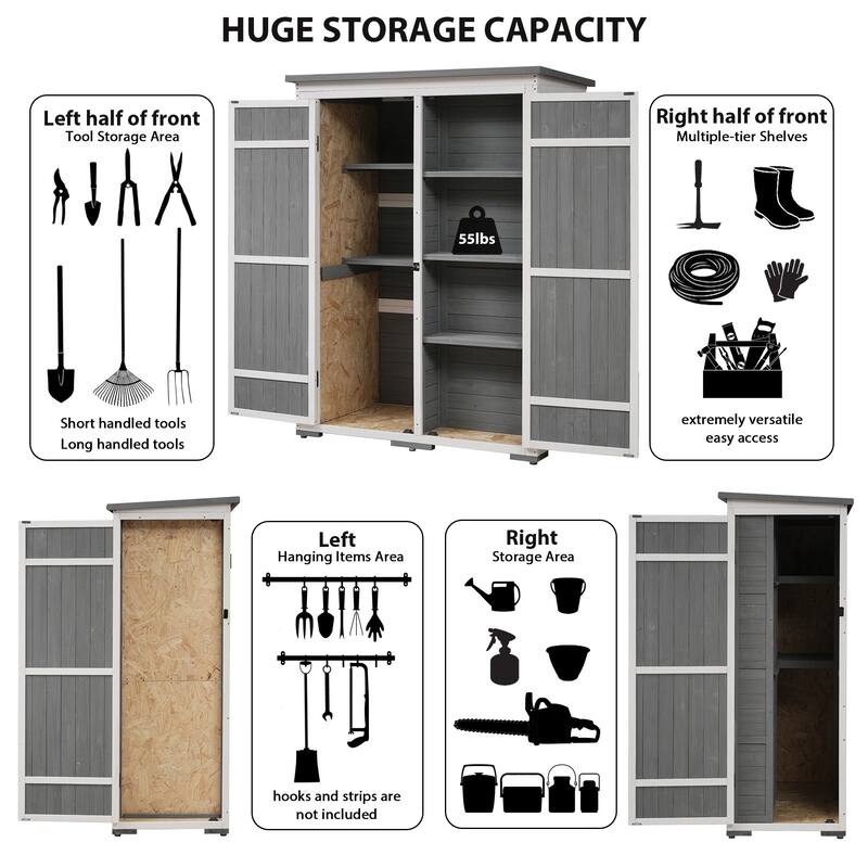 Outdoor 5.5ft Hx4.1ft L Wood Storage Shed, Garden Tool Cabinet with Lockable Doors