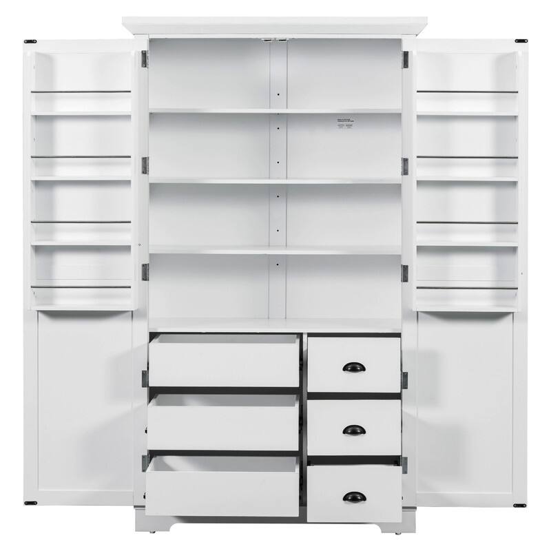 Freestanding 72"Tall Kitchen Pantry with Drawers, Door Shelves, Adjustable Shelves and Pull-out Trays
