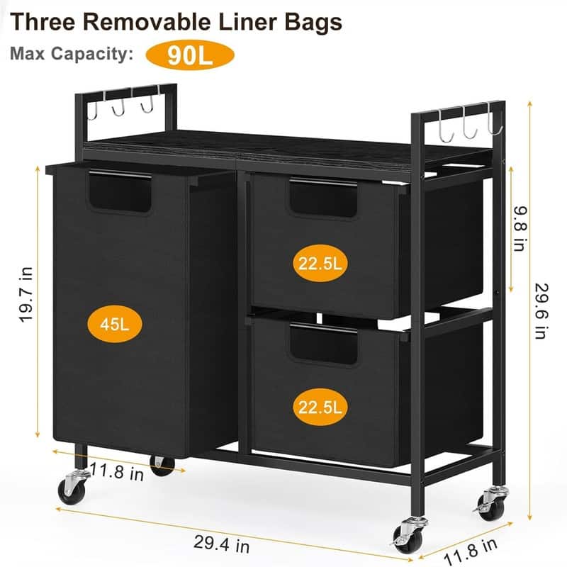 Laundry Hamper 3 Section with Wheels - 29.4"L x 11.8"W x 29.6"H
