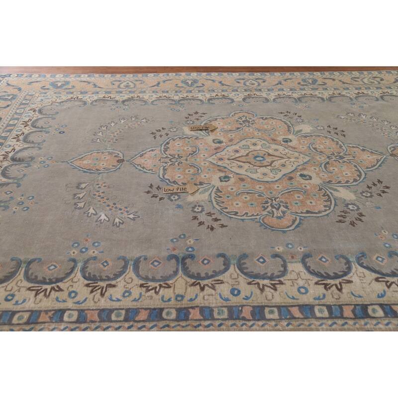 Hand Knotted Oriental 100% Wool Carpet Traditional Floral Greys & Charcoal Tabriz Area Rug - 12' 6'' X 9' 4''