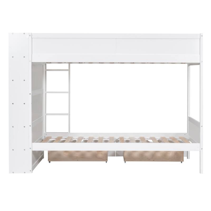 White Twin over Twin Bunk Bed with 2 Drawers & Multi-layer Cabinet, Space-Saving Kids Furniture